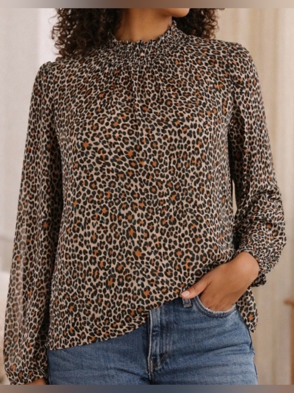 J.Crew Leopard Print Blouse Smocked Neck Sheer Long Sleeve Size M
